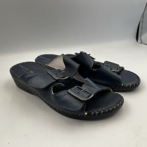 David Tate Women's 8 Wedge Sandals  Navy Blue Leather Slip-On Hook‎ & Loop Italy